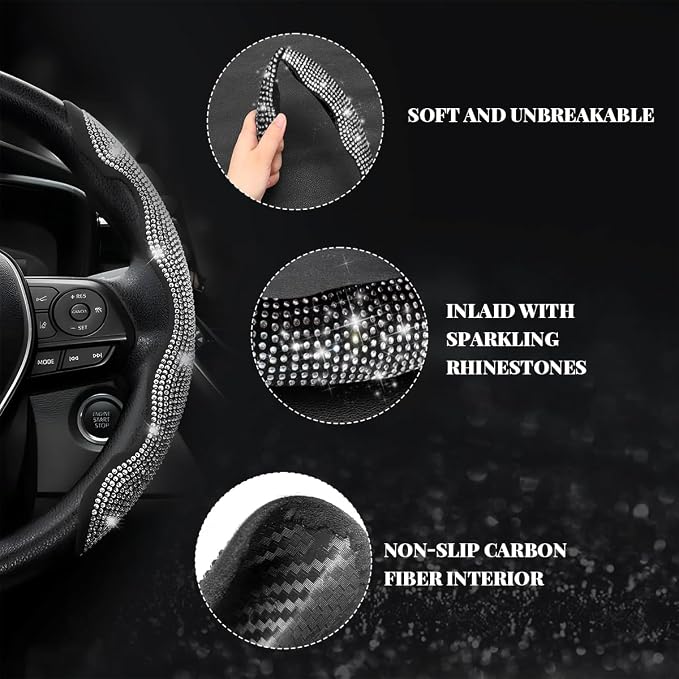 2 PCS Steering Wheel Cover, Segmented Car Wheel Covers with Crystal Rhinestones, Non-Slip Protector Bling Sparkly Decoration for Most Steering Wheels, Car Accessories (Black)