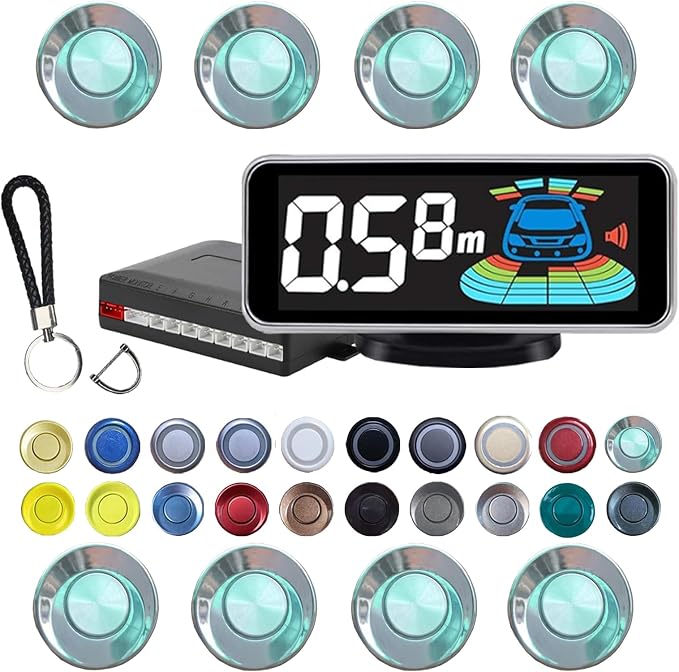 Backup Parktronic System Car Auto Vehicle Reverse with 8 Parking Sensors kit, LCD Display, Distance Detection (Meter/Foot Switchable), Buzzer Alarm and Voice Prompt Function（Chrome）