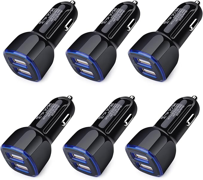 6Pack Fast Charge Dual Port Lighter Plug USB Adapter, 12 Volt USB Outlet for iPhone 15 14 13 12 11 Pro Max 10 SE XR XS X 8 7 Plus 6, iPad, Samsung Galaxy S23 S22 S21 S20 S10 S9