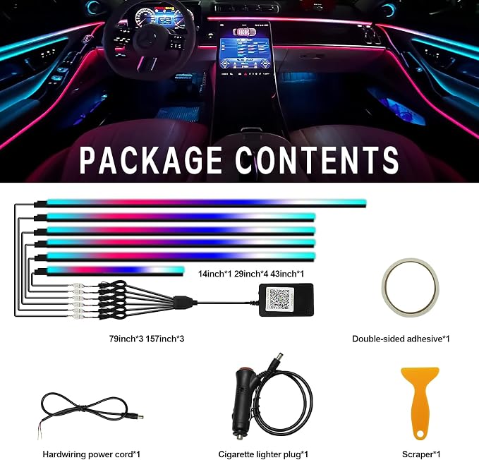 Dreamcolor Interior Car Lights, Car Accessories 6 in 1 Car LED Strip Lights with APP Control and 213 Modes, 175 inches 593 LEDs Acrylic Fiber Optic Lights, RGB Neon Light Kits