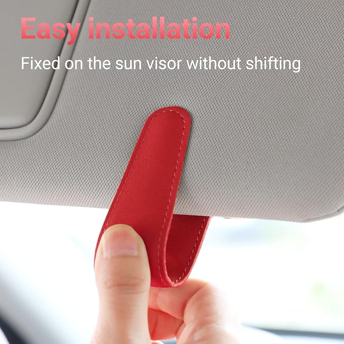 Sunglass Holder for Car Visor Sunglasses Clip Magnetic Leather Glasses Eyeglass Holder Truck Car Interior Accessories Universal for Woman Man -Red