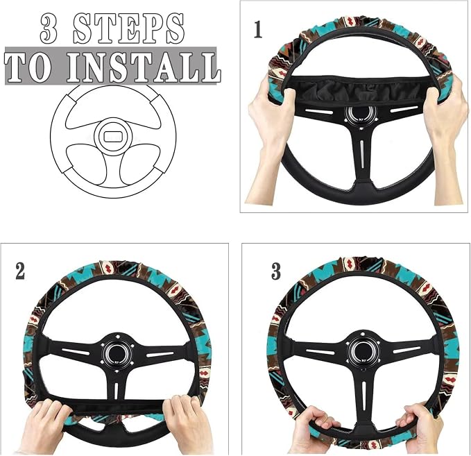 Southwest Aztec Teal Brown Car Steering Wheel Cover Soft Stretch Auto Steering Wrap Protector for Women Men, Universal Auto Accessories Fit Most Vehicles