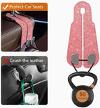 CoBak Purse Hook for Car - Universal Premium Stitched Leather and Aluminum-Magnesium Alloy Double Car Seat Back Storage Hook for Purses, Handbags, Bags (2 Pack),Fuchsia Glitter