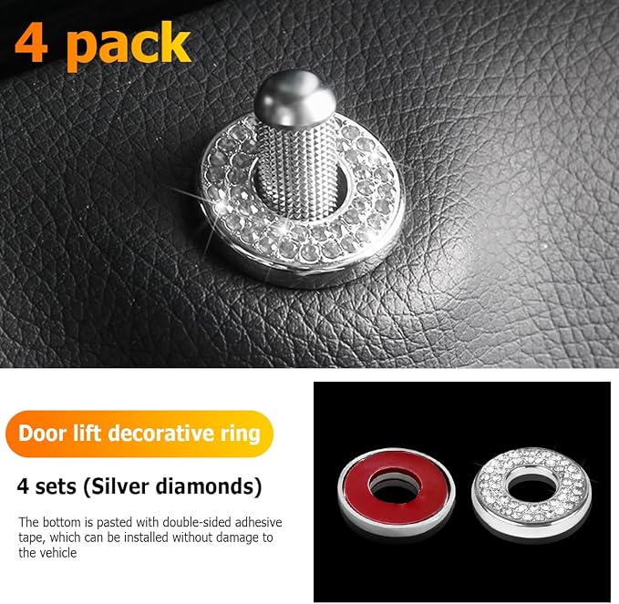 4 Pcs Bling Car Inner Door Lock Covers, Crystal Pull Rod Bolt Stickers, Sparkly Rhinestones Auto Door Bolt Decorations, Vehicle Lock Pin Cap Decors for C Class C200L GLC260 C260L (White)