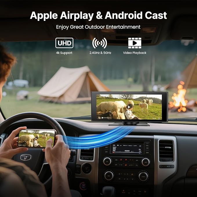 Wireless Car Play Screen, 10.26'' Monitor with Apple Carplay & Android Auto, 4K Dash Cam 64G, 1080P Backup Camera, Portable Smart Touch Tablet Stereo Multimedia Dashboard, Bluetooth/FM/GPS/AUX