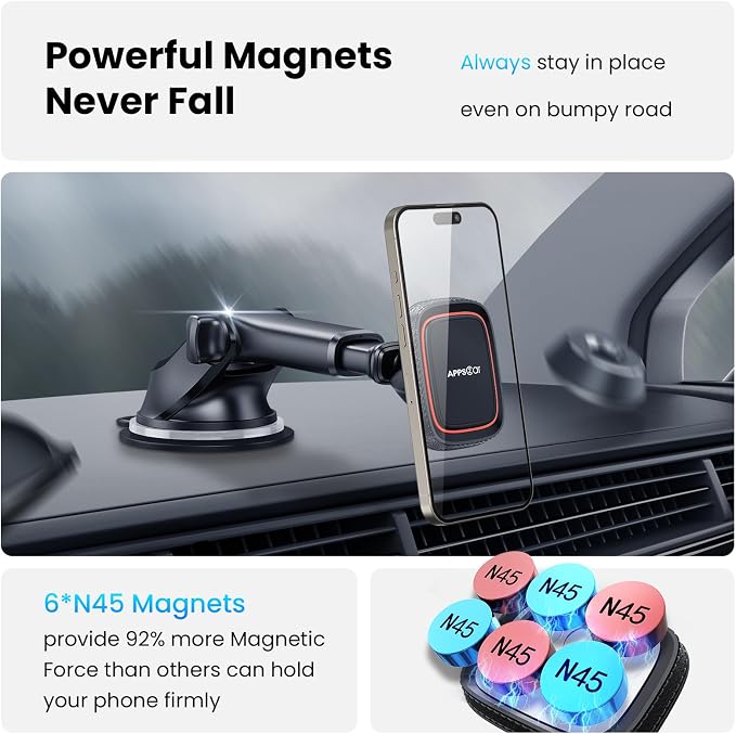 Magnetic Phone Mount for Car, Dashboard & Windshield Suction Cup Holder with Telescopic Arm, Requires Metal Plate for Proper Use, Fit for Android Smartphones(NOT for MagSafe)