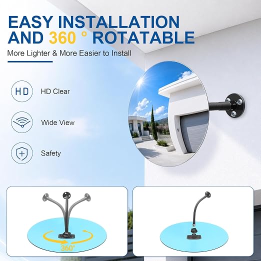 12" Frameless Mirror with 360° Adjustable View - Convex Mirror for Garage, Driveway, Store, Warehouse & Office, Wall Mount Safety for Indoor Outdoor Use with Clear Wide Reflection
