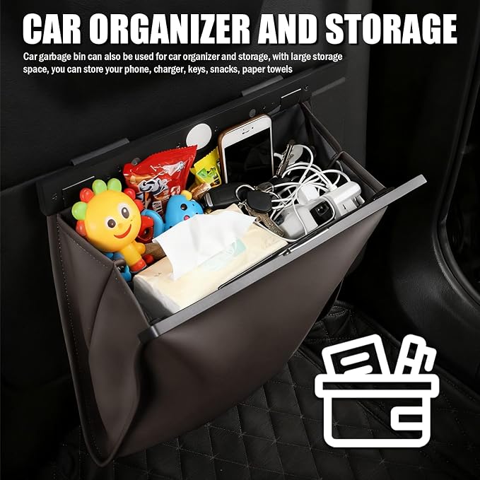 LED Car Trash Can Leak-Proof,Strong Magnetic Fast Closing Car Trash Bin as Cars Organizers and Storage,Cars Garbage Can with Automotive Trashs Bag for Backseat,Console,Door (Brown)