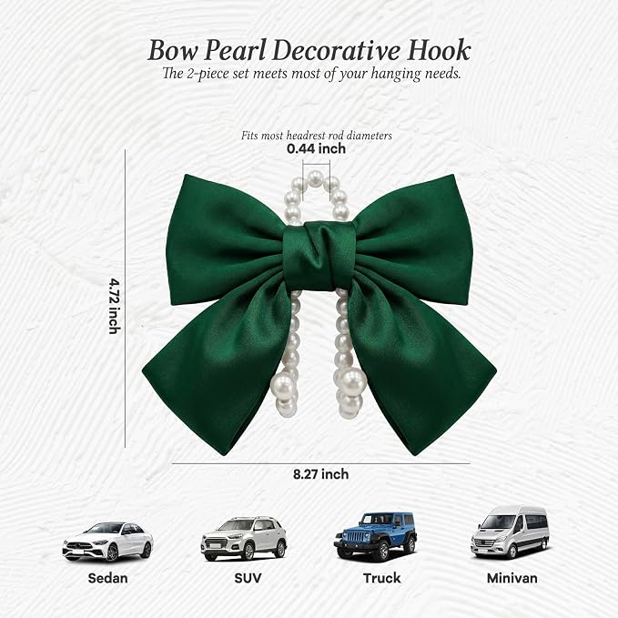 2PCS Satin Bow Pearl Car Seat Headrest Hooks – Car Bag Holder & Vehicle Hanger for Purses – Cute Coquette Aesthetic Interior Decoration – Cute Auto Organizer Accessories Universal (Galactic Green)