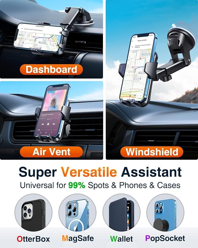 【85+LBS Strongest Suction & Military-Grade Ultimate Car Phone Mount【Patent & Safety Certs】 Cell Phone Holder for Dash Windshield Vent for iPhone 17 Pro Max Automobile Accessory Kits,Ink Black