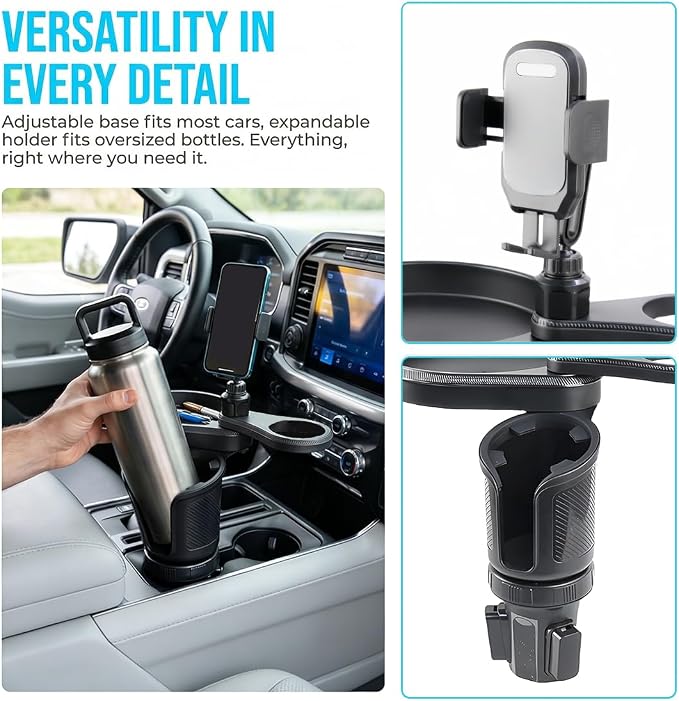 Car Cup Holder Tray, 3 in 1 Multifunctional Vehicle Food Water Bottle Phone Holder Expander Adapter with Adjustable Base, Detachable Auto Interior Food Tray Table, Universal Fit (Gray)
