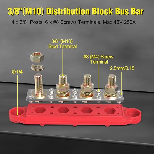 Power Distribution Block Bus Bar, 4 x 3/8" Posts, 6 x #8 Screws Terminals, Max 48V 250A (Pair, Red & Black)