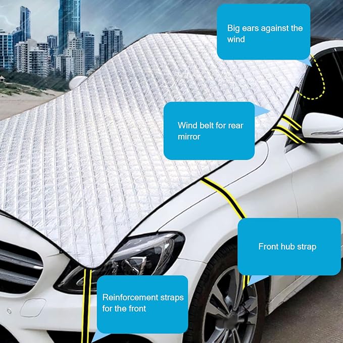 Car Front Windshield Snow Cover for Ice and Snow, Windshield Engine Hood Rear-View Mirror Protection Heat Insulation Half Cover, Essential Winter Car Accessories, Universal for Most Cars (Silver)