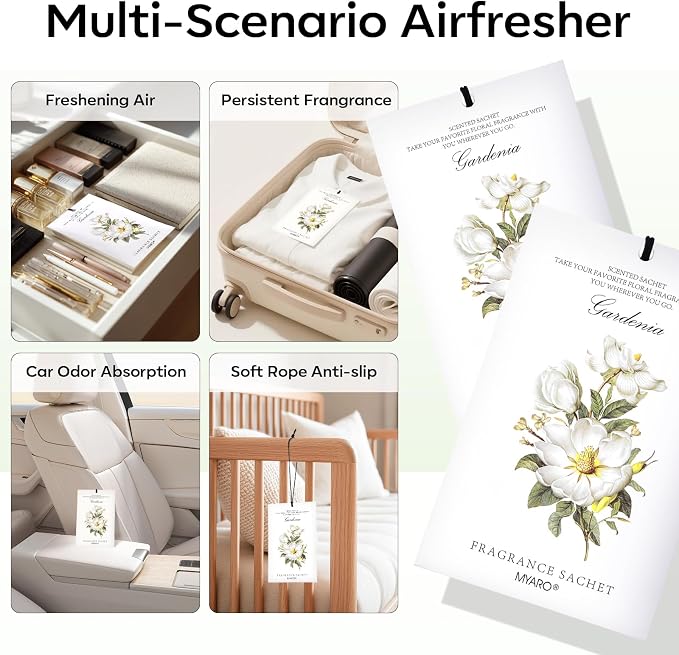 Scented Sachet House Air Freshener - 12 Pack Long Lasting Gardenia Fragrance Deodorizer for Home Closet Drawer Car