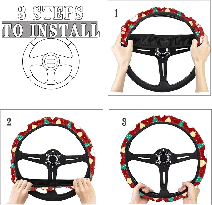 Auto Steering Wheel Covers Anti-Slip Safety Stretch-on 14-15 inch | Santa Claus Red Print, Sweat Absorbing Non-slip, Steering Wheel Protection Case, Machine Washable Elastic Flexible
