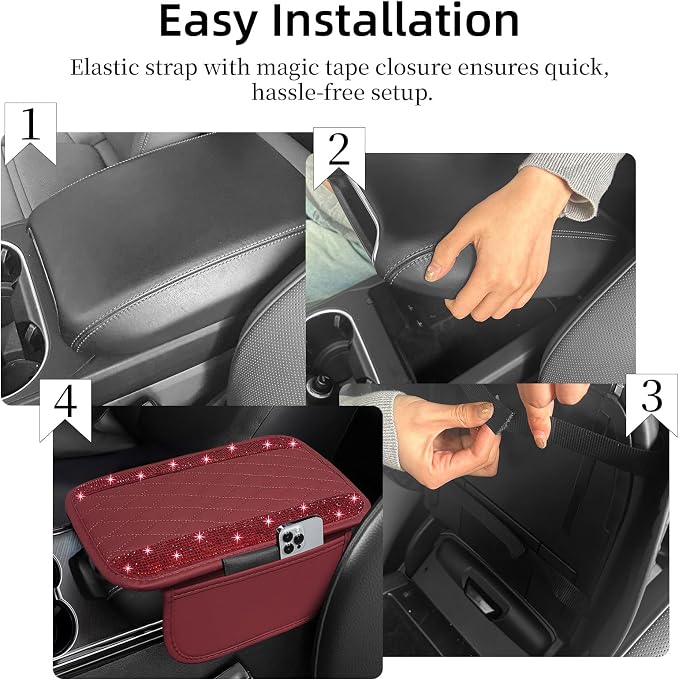 Bling Burgundy Red Car Center Console Cover, Leather Car Arm Rest Cover with 2 Storage Bags, Universal Auto Armrest Protector Storage Box, Bling Accessories Interior for Most Vehicles