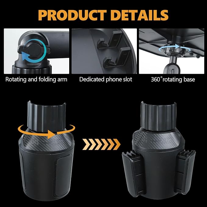 Car Cup Holder Tray Table, 360° Adjustable Car Food Tray with Phone Slot & Swivel Arm, 3 in 1 Detachable Vehicle Cup Holder Expander for Eating, Universal Road Trip Essentials