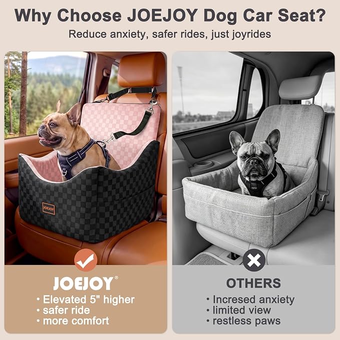 Elevated Dog Car Seat for Small/Medium Dogs up to 35 lbs, Memory Foam Booster Seat with Detachable Washable Cover, Travel-Safe Car Bed with Safety Belts & Storage Pockets, Pink