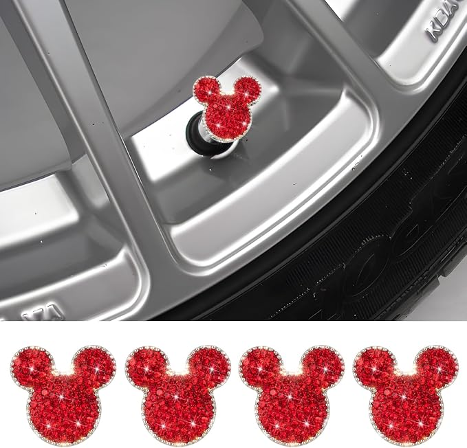 Bling Car Tire Valve Stem Caps, 4PCS Dustproof Crystal Rhinestone Cartoon Mouse Design, Sparkling Attractive Auto Wheel Decoration Accessories, Universal Fit (Red)