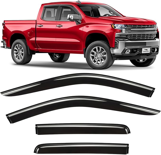Voron Glass Tape-on Extra Durable Rain Guards for Trucks Chevrolet (Chevy) Silverado/GMC Sierra 1500 2019-2026 Double Cab, Window Deflectors, Vent Window Visors, 4 Pieces - 130090