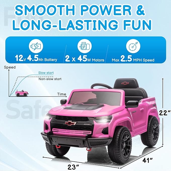 Licensed Chevrolet Colorado Electric Car for Kids, 12V Ride on Toys for Toddlers with Remote Control, Battery Powered Electric Car Ride On Vehicle w/Bluetooth, Soft Start, LED Lights - Pink