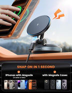 15W for MagSafe Car Mount Charger - Dual USB-C Ports, Magnetic Phone Holder for Car, Magnetic Wireless Car Charger, Vacuum Suction Cup Phone Mount for iPhone 17 Pro Max 16 15 Truck Jeep Black