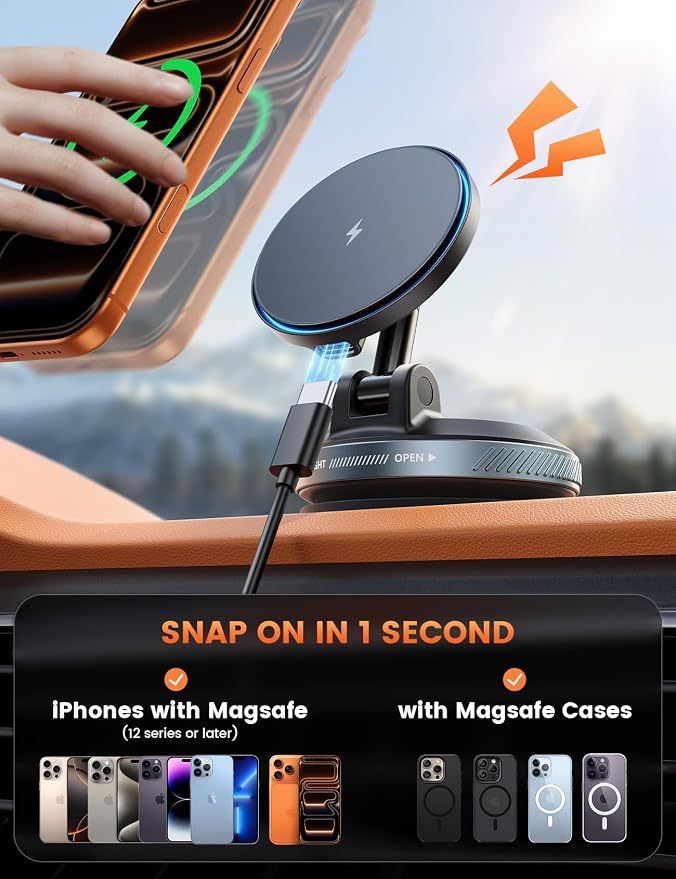 15W for MagSafe Car Mount Charger - Dual USB-C Ports, Magnetic Phone Holder for Car, Magnetic Wireless Car Charger, Vacuum Suction Cup Phone Mount for iPhone 17 Pro Max 16 15 Truck Jeep Black