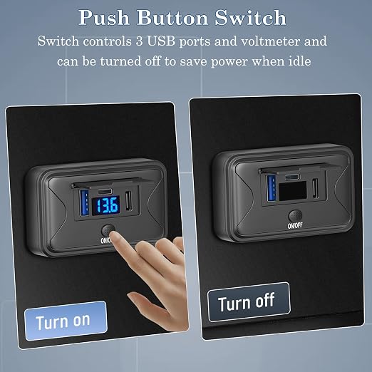 90W 12V USB Outlet Panel Wall Mount, Dual 36W USB C and QC 3.0 18W Car USB Port Charger with Voltmeter Button Switch, Waterproof 3 USB Multi Port Power Outlet DIY 12V Accessories for Car Bus RV Truck