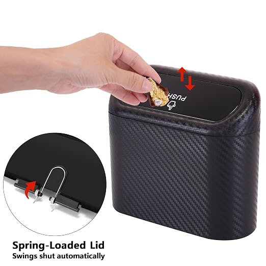 Mini Car Trash Can with Lid, Small Car Garbage Can, Cute Leakproof ABS Car Trash Bin, Car Accessories for Interior, Garbage Bin for Car, Home, Office with 120pcs Trash Bags Carbon Fibre