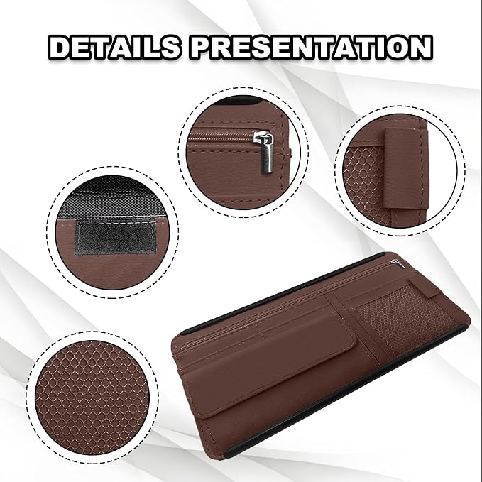 Car Sun Visor Storage Bag, Soft Leather Surface Organizer, Scratch-Resistant Auto Sunshade Organizer Bag, Can Store ID Card, Eyeglasses, Pen, Driving License etc (Brown)