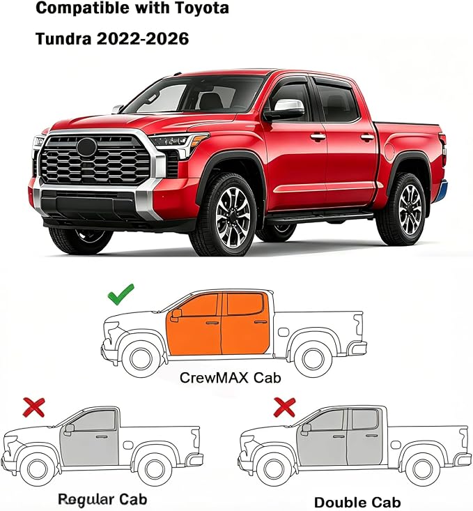 Window Rain Guards Compatible with Toyota Tundra 2022-2026 CrewMax, in-Channel Extra Durable Window Deflectors Vent Visors, Truck Accessories Dark Smoke 4 Pcs