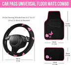 Embroidery Butterfly Steering Wheel Cover and Waterproof Car Floor Mats,Pink Car Mats 14.5-15inch Steering Wheel Covers Universal Fit for Cars, Suvs,Sedans,Van,for Women Girl(Black and Pink)