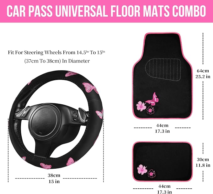 Embroidery Butterfly Steering Wheel Cover and Waterproof Car Floor Mats,Pink Car Mats 14.5-15inch Steering Wheel Covers Universal Fit for Cars, Suvs,Sedans,Van,for Women Girl(Black and Pink)