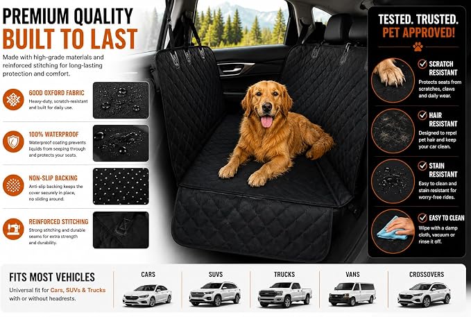 Dog Car Seat Cover for Back Seat - 100% Waterproof Hammock with Side Flaps, Non-Slip Pet Seat Protector, Scratch Resistant Heavy Duty Oxford Fabric, Fits Cars, Trucks & SUVs