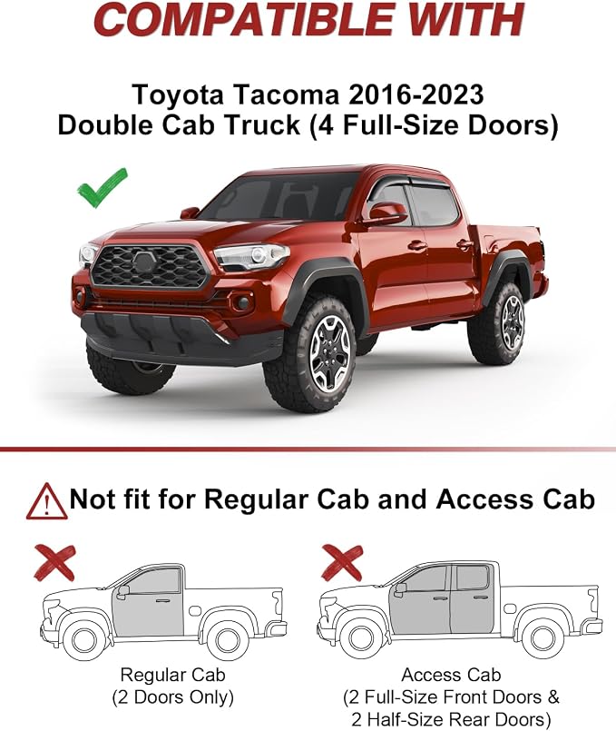 Outside-Mount Window Rain Guards Fit for 2016-2023 Toyota Tacoma Double Cab, Extra Durable Window Visors Wind Deflector Dark Smoke Vent Shades Car Tape-on with Thicker 4PCS
