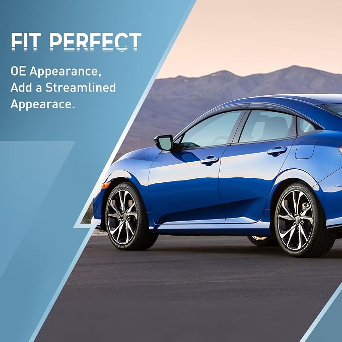 Rain Guards Compatible with Honda Civic Sedan LX Sport Touring EX-L 2016 2017 2018 2019 2020 2021, Durable Tape-on 2016-2021 Civic Side Window Rain Guard, Window Deflectors 6 PCS