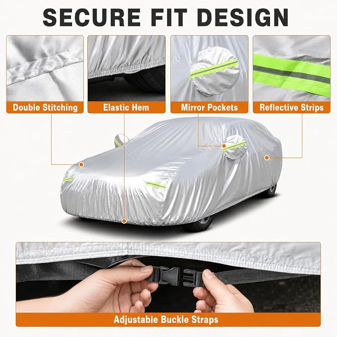 Heavy Duty Car Cover 189"×75"×59" Waterproof All-Weather Sedan Cover with Zipper Door+Windproof Straps，UV Snowproof Dustproof Fit for Toyota Corolla Honda Civic VW Jetta Kia Forte Elantra+More