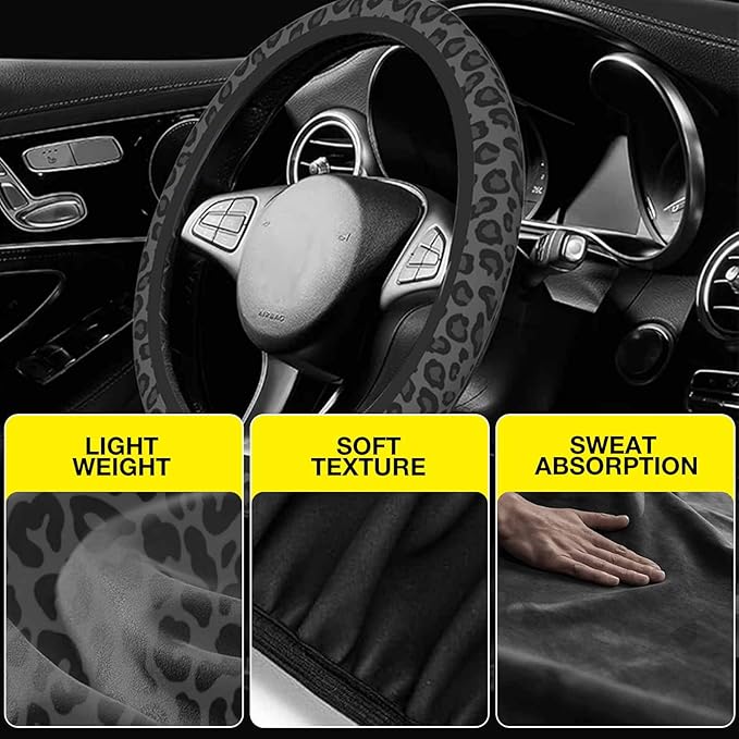 Black Leopard Print Cheetah Steering Wheel Cover for Women, Anti-Slip Breathable High Elastic Neoprene Car Steering Wheel Cover, Universal 15 Inch for Cars, SUVS, Includes 2 Ceramic Cup Coasters
