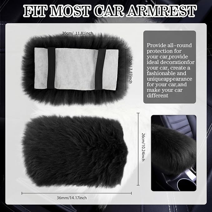 Furry Armrest Cover Auto Center Console Cover Car Soft Console Pad, Real Sheepskin Wool Soft Fluffy Auto Center Armrest Pad for Most Car Decoration Protector(Black)
