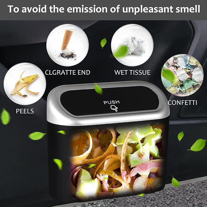 Car Trash Can with Lid, Mini Vehicle Trash Bin Car Dustbin Garbage Organizer Holder with Trash Bag, 2 Pack Small Hanging Leakproof Cars Storage Bag Container for Auto, SUV, Office (Silver)