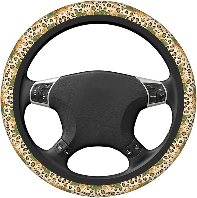 Sunflower Leopard Print Steering Wheel Cover, 15 Inch Universal Fit Neoprene Car Protector, Anti-Slip & Durable Auto Interior Accessory for Men and Women