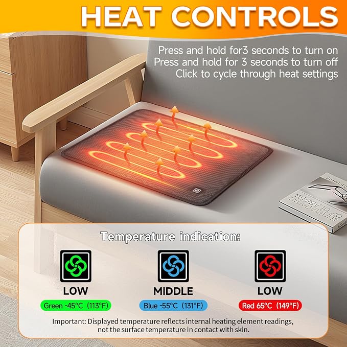Portable Outdoor Heated Seat Cushion for Camping, Stadium Bleachers - 3-Temp Fast Heating (Power Bank Not Included)