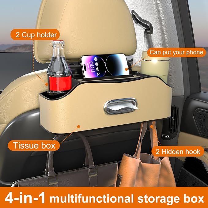 Back Seat Cup Holder for Car – Multifunctional Rear Seat Organizer with Drink Holders, Tissue Box Storage & Hooks, Fits Headrest for Auto, Family Travel Accessories. (Beige)