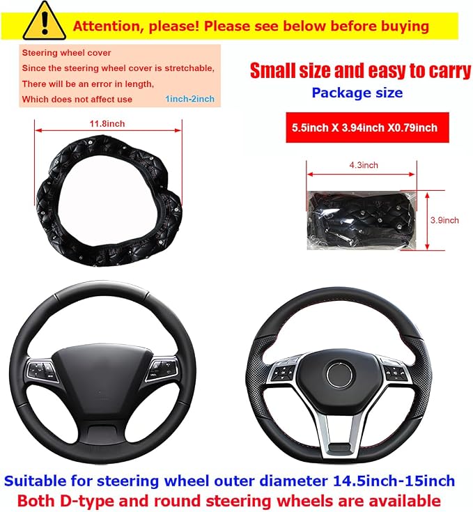 Bling Car Steering Wheel Cover, Non-Slip Elastic Stretch Leather Auto Steering Wheel Protector, Sparkling Diamond Vehicle Decor Accessories for Women Girls, Universal for Vehicles (Black)