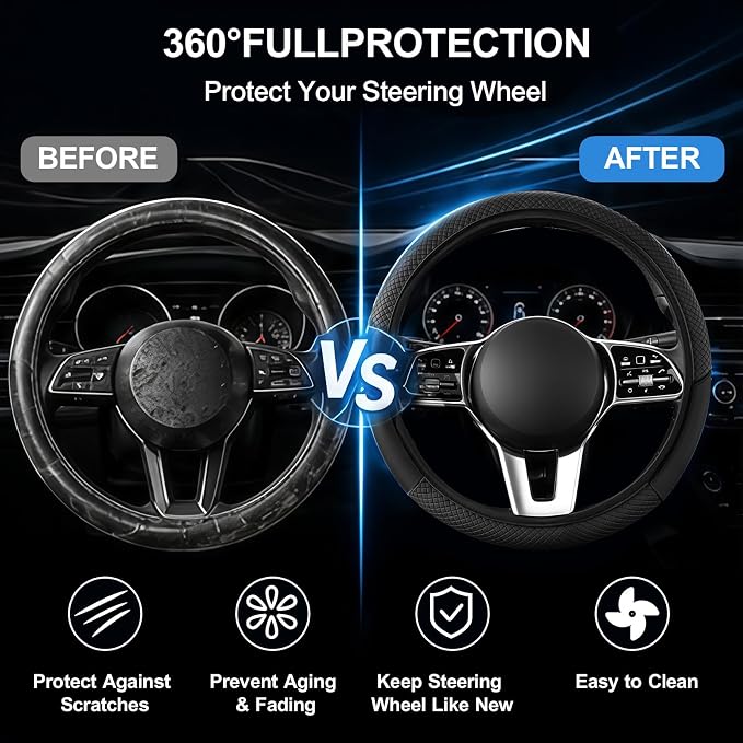 Car Steering Wheel Cover, 15 inch Carbon Fiber Microfiber Anti-Slip Breathable PU Leather Elastic Steering Wheel Protector, Car Interior Accessories for Most Cars (AD-Black)