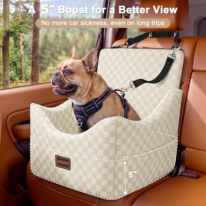 Elevated Dog Car Seat for Small/Medium Dogs up to 35 lbs, Memory Foam Booster Seat with Detachable Washable Cover, Travel-Safe Car Bed with Safety Belts & Storage Pockets, Beige