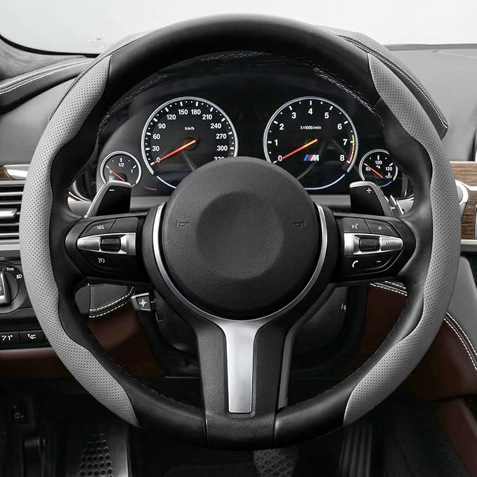 2PCS/Set Car Steering Wheel Cover, Leather Segmented Anti-Slip Automotive Wheel Protector, Soft Breathable Vehicle Steering Protection Covers, Universal Interior Accessories (Gray)