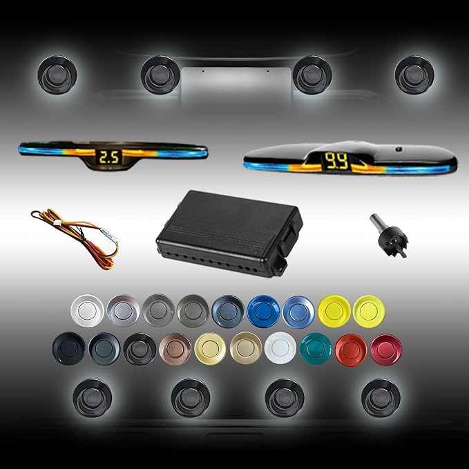 New Features Forward and Reverse Parking sensors, Option to Measure Distance in inches, bidirectional Display Option, and Customizable Digital Direction（Black）