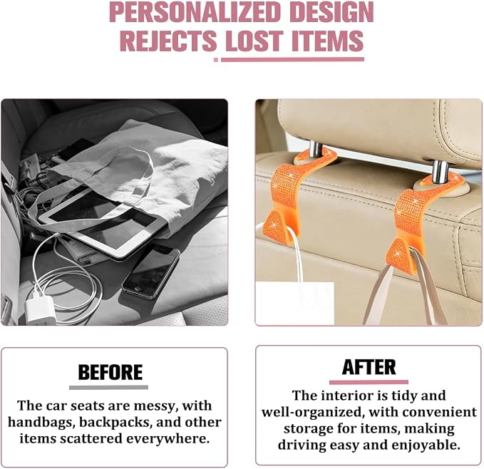4PCS Bling Car Seat Headrest Hook, Crystal Rhinestone Backseat Hanger Organizer for Purse Handbag Umbrella, Shiny Auto Interior Seat Back Storage Holder Hook, Universal Fit (Orange)