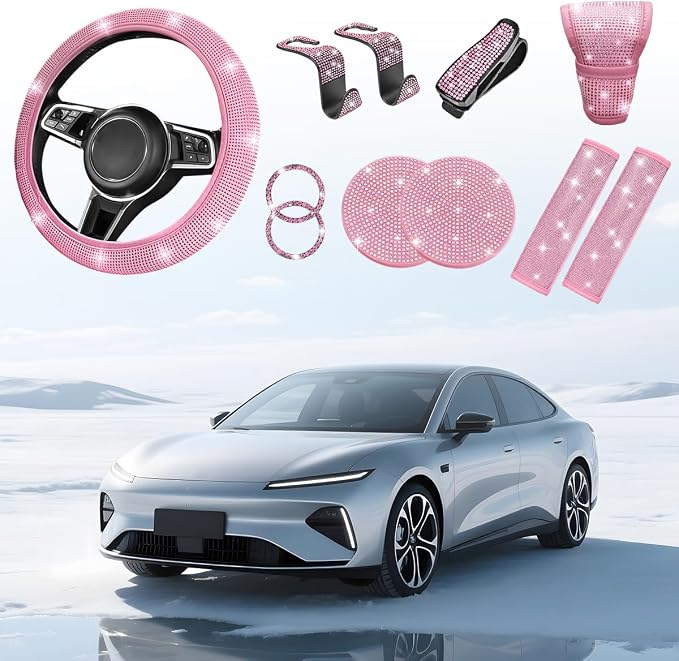 11PCS/Set Bling Car Accessories Set for Women, Rhinestone Vehicle Steering Wheel Cover Seat Belt Cushion Gear Shift Protector Cup Holder Coaster, Universal Automotive Accessories (All Pink)